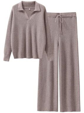 Women's 2 Piece Lounge Set Waffle Knit Sweater & Wide Leg Pants